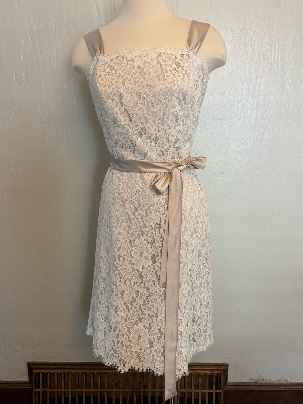Dessy Collection White Lace Midi Dress with Champagne Satin Accents